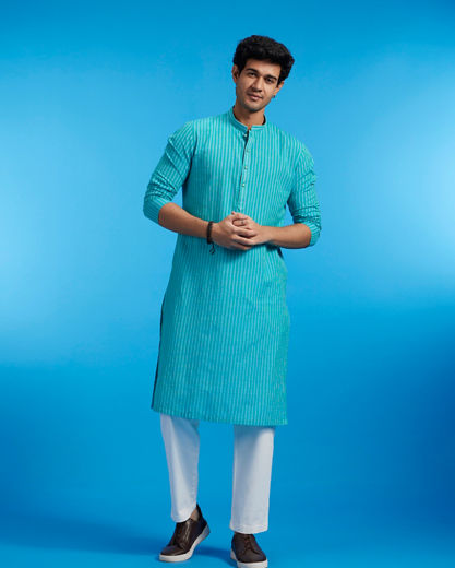 Diwas Men Turquoise Blue Self Striped Kurta Pajama