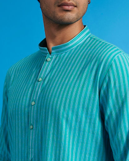 Diwas Men Turquoise Blue Self Striped Kurta Pajama