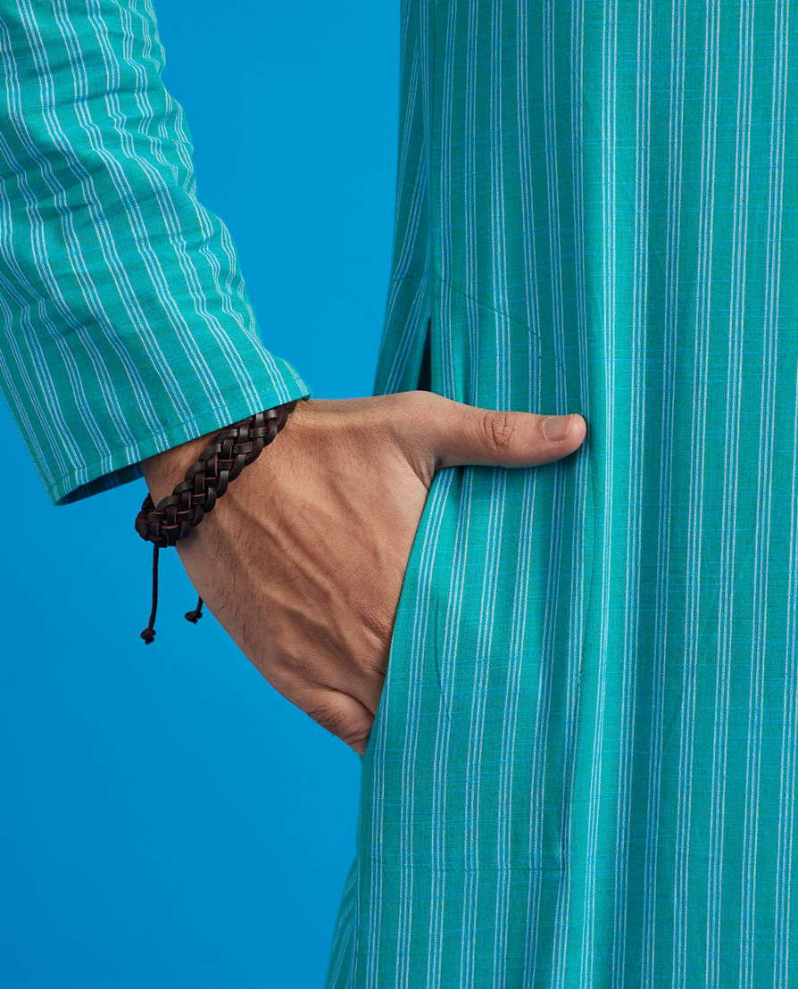 Diwas Men Turquoise Blue Self Striped Kurta Pajama