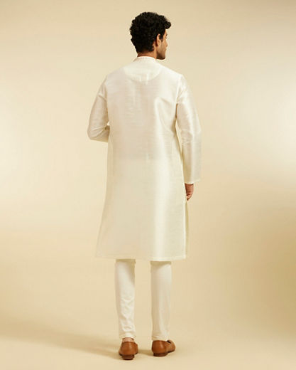 Diwas Men Warm White Plain Classic Kurta Pajama with Embroidered Placket