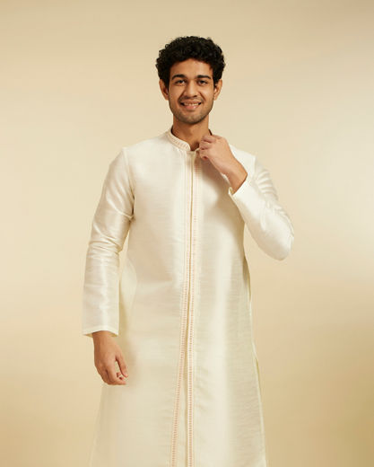 Diwas Men Warm White Plain Classic Kurta Pajama with Embroidered Placket