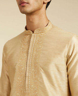 Diwas Men Cream Beige Kurta Pajama With Embroidered Neckline