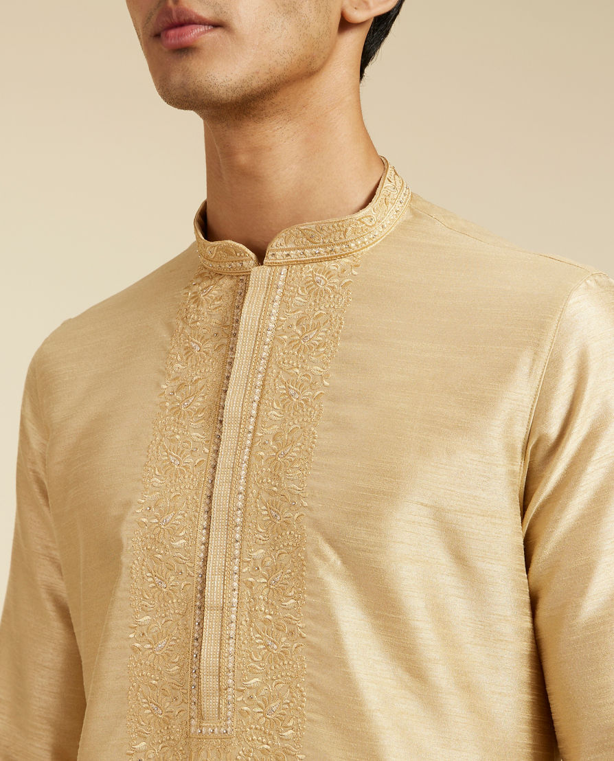 Diwas Men Cream Beige Kurta Pajama With Embroidered Neckline