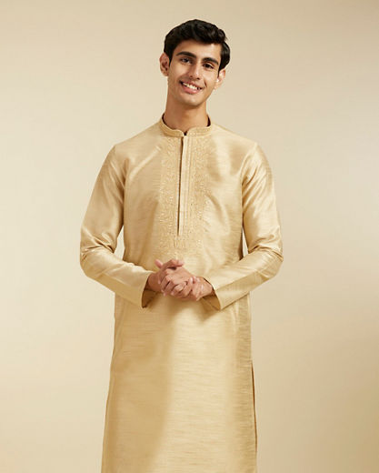 Diwas Men Cream Beige Kurta Pajama With Embroidered Neckline