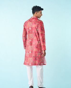 Diwas Men Vibrant Coral Cotton Kurta Pajama
