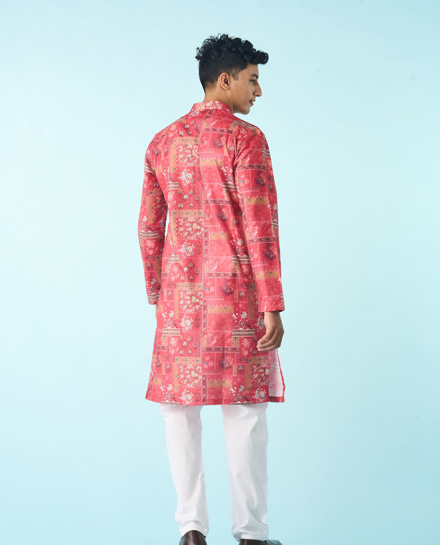 Diwas Men Vibrant Coral Cotton Kurta Pajama