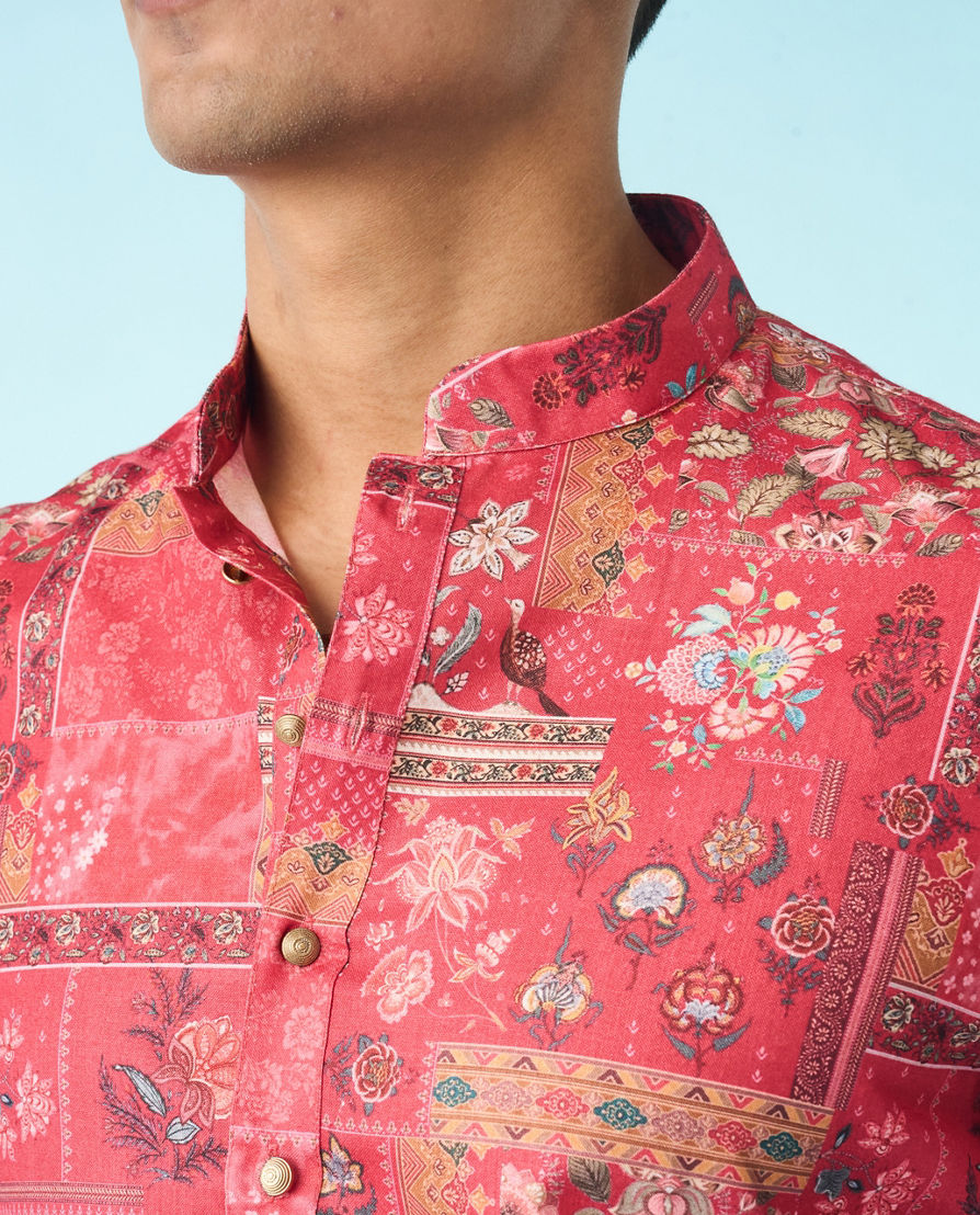 Diwas Men Vibrant Coral Cotton Kurta Pajama