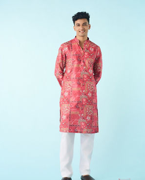 Diwas Men Vibrant Coral Cotton Kurta Pajama