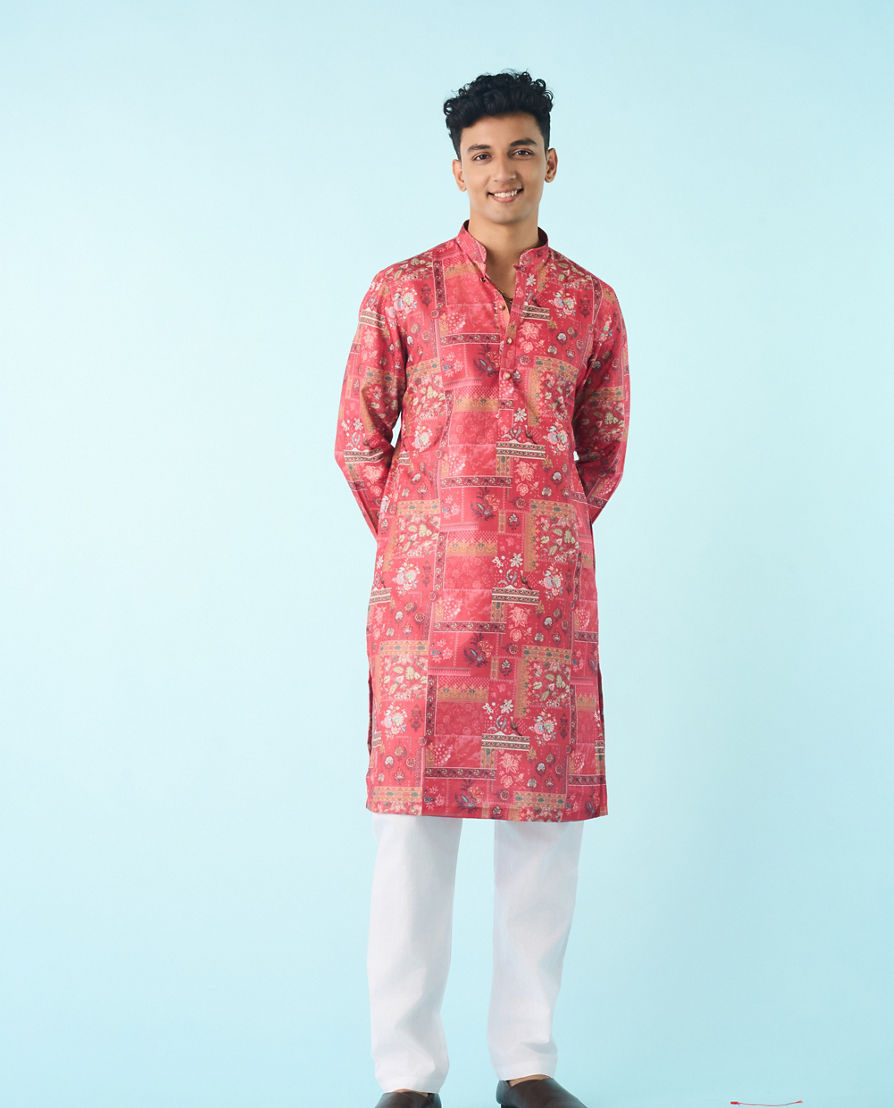 Diwas Men Vibrant Coral Cotton Kurta Pajama