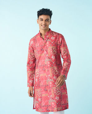 Diwas Men Vibrant Coral Cotton Kurta Pajama
