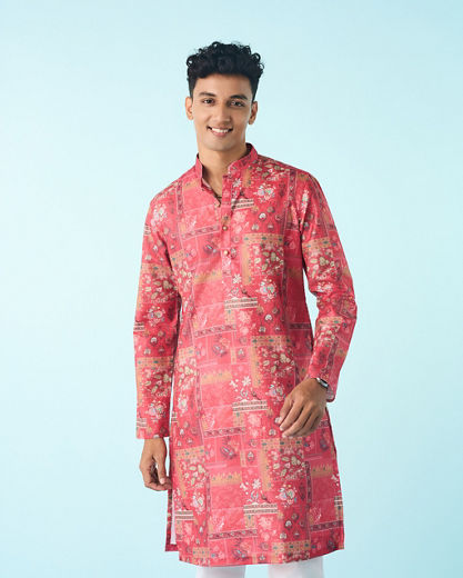 Diwas Men Vibrant Coral Cotton Kurta Pajama