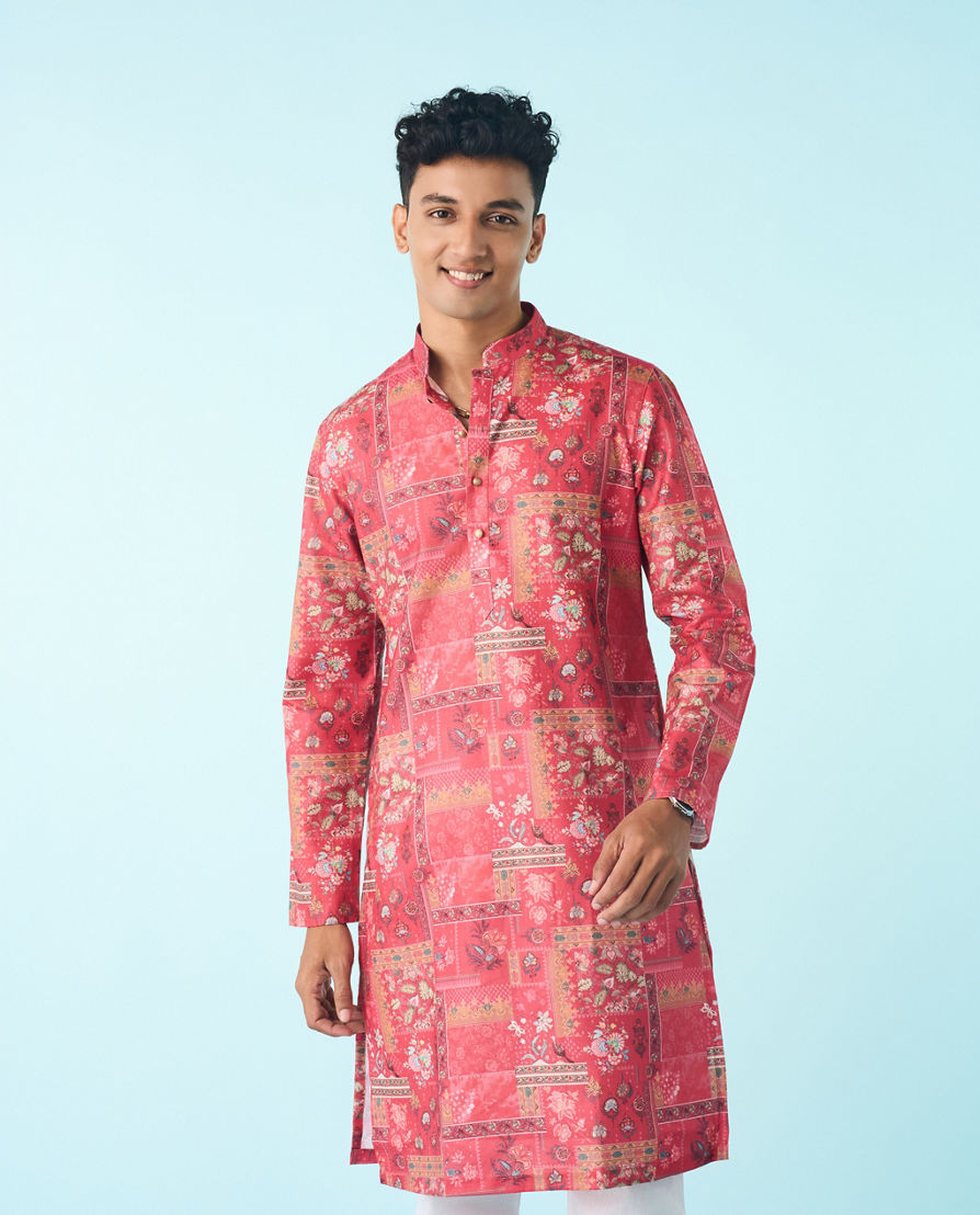 Diwas Men Vibrant Coral Cotton Kurta Pajama