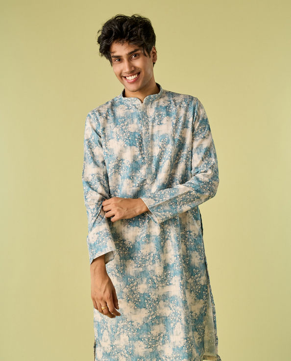 Diwas Men Aqua Green Accent Cream Kurta Pajama