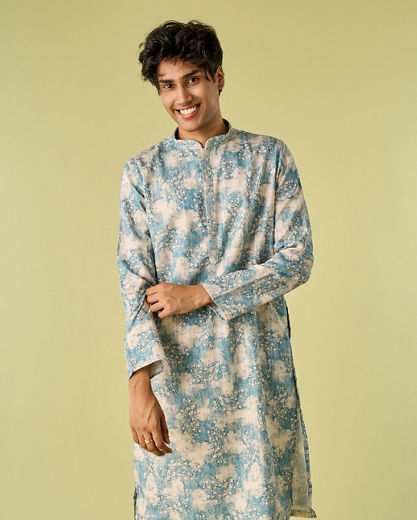 Diwas Men Aqua Green Accent Cream Kurta Pajama