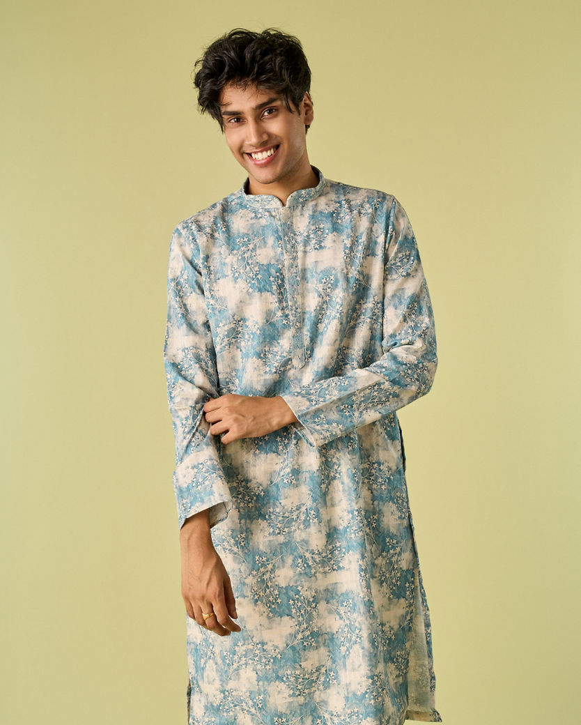 Diwas Men Aqua Green Accent Cream Kurta Pajama