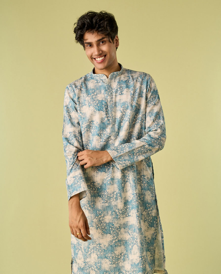 Diwas Men Aqua Green Accent Cream Kurta Pajama