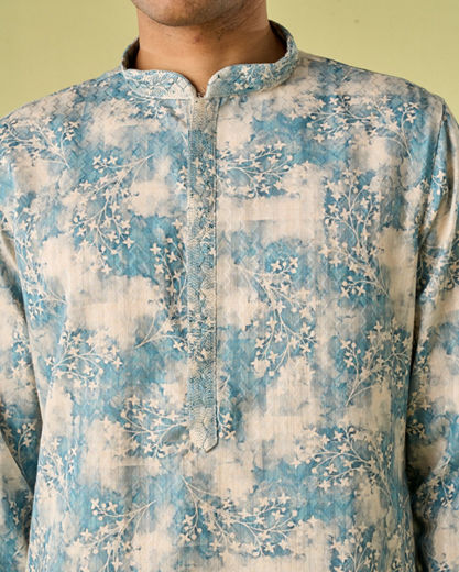 Diwas Men Aqua Green Accent Cream Kurta Pajama