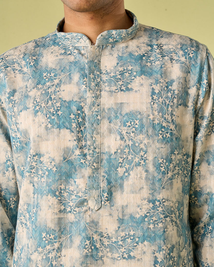 Diwas Men Aqua Green Accent Cream Kurta Pajama