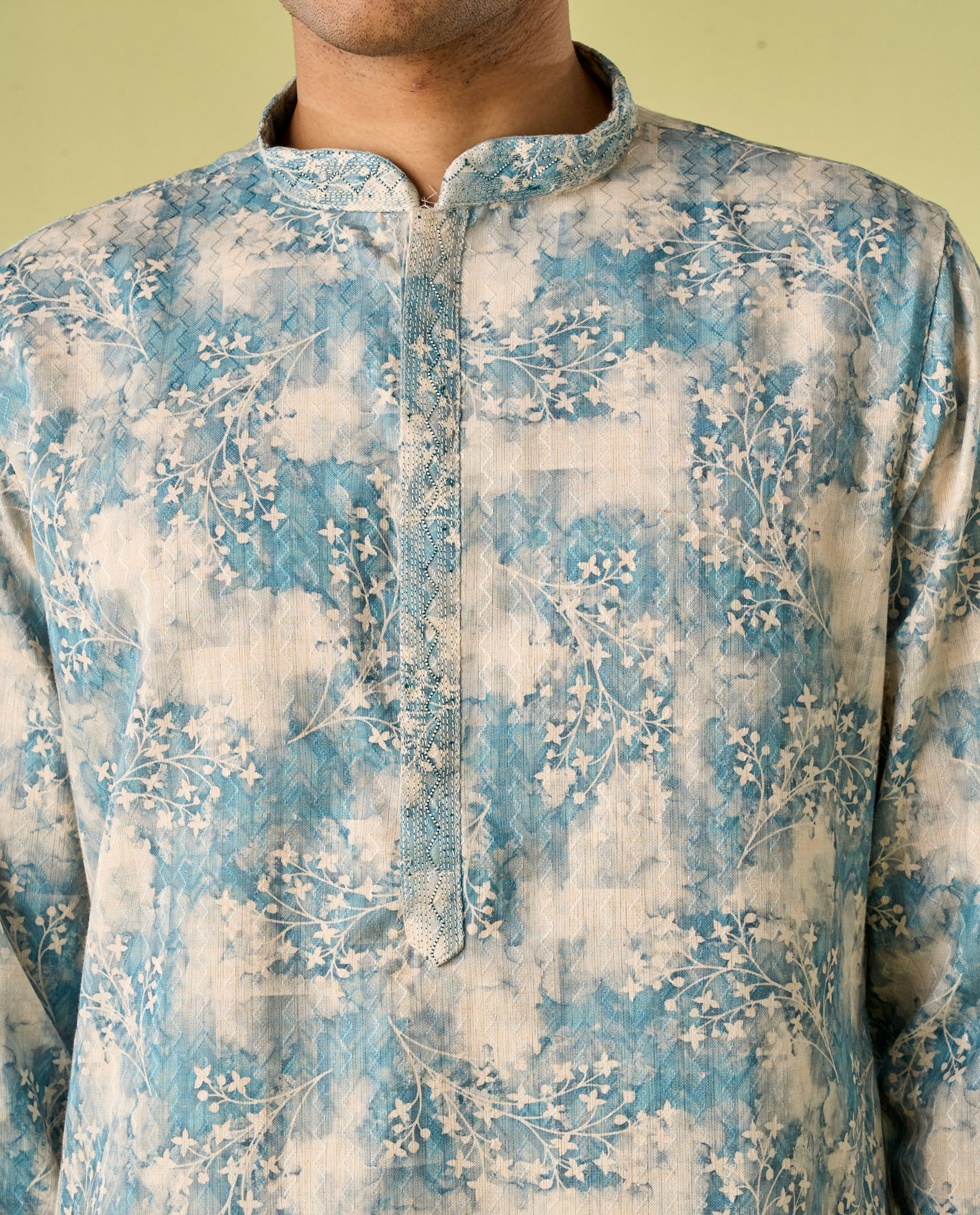 Diwas Men Aqua Green Accent Cream Kurta Pajama