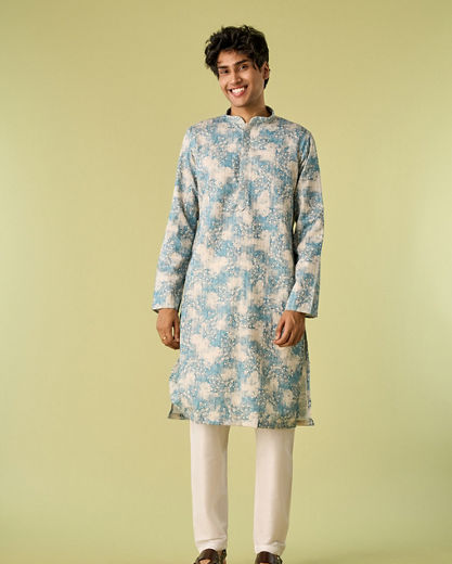 Diwas Men Aqua Green Accent Cream Kurta Pajama