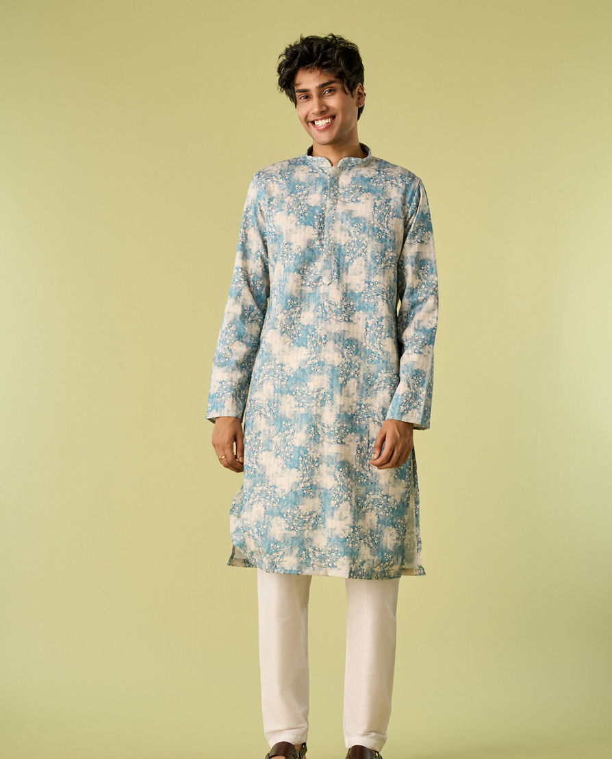 Diwas Men Aqua Green Accent Cream Kurta Pajama