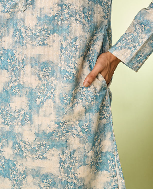 Diwas Men Aqua Green Accent Cream Kurta Pajama