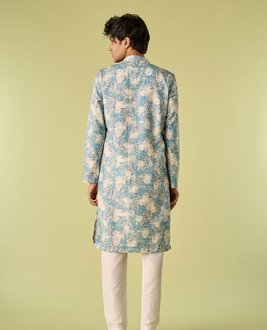 Diwas Men Aqua Green Accent Cream Kurta Pajama