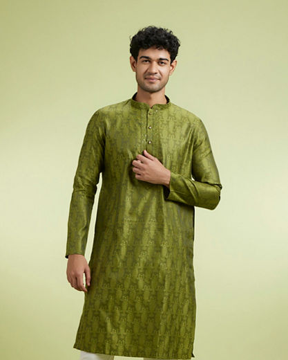 Diwas Men Olive Green Jacquard Kurta Pajama