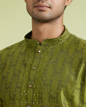 Diwas Men Olive Green Jacquard Kurta Pajama
