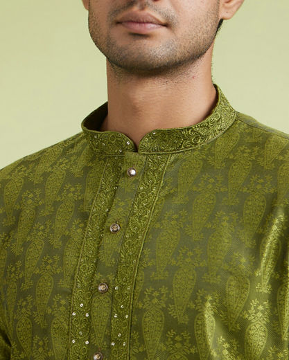 Diwas Men Olive Green Jacquard Kurta Pajama