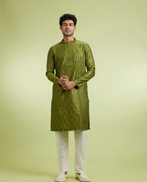 Diwas Men Olive Green Jacquard Kurta Pajama