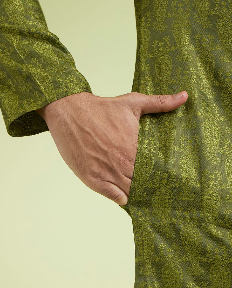 Diwas Men Olive Green Jacquard Kurta Pajama