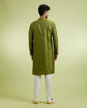 Diwas Men Olive Green Jacquard Kurta Pajama