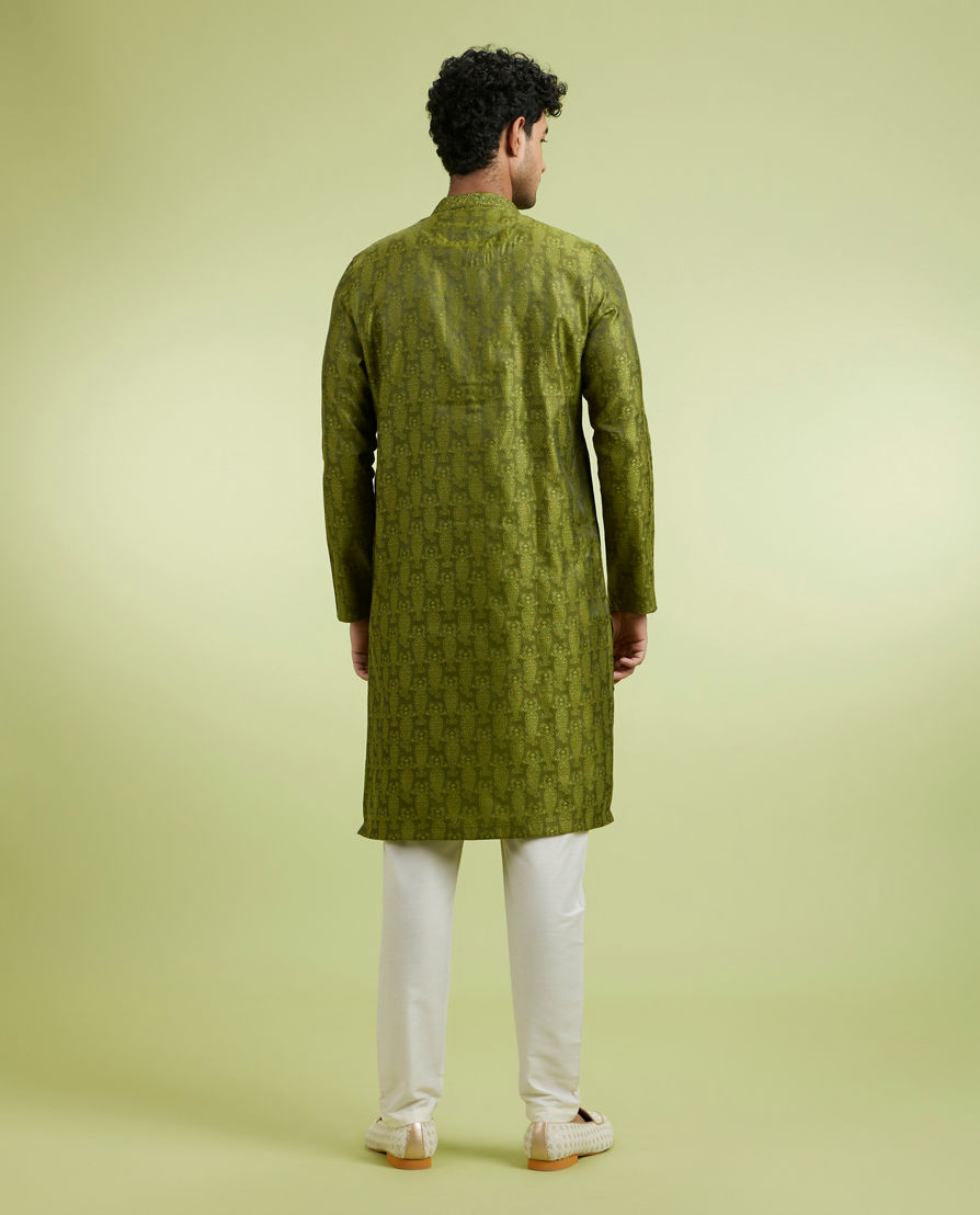 Diwas Men Olive Green Jacquard Kurta Pajama