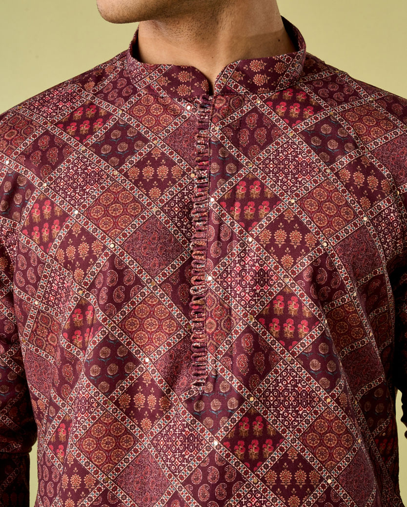 Diwas Men Regal Wine Cotton Kurta Pajama