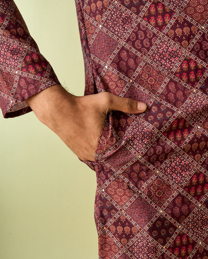 Diwas Men Regal Wine Cotton Kurta Pajama