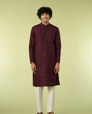 Diwas Men Wine Thread Embroidery Kurta Pajama