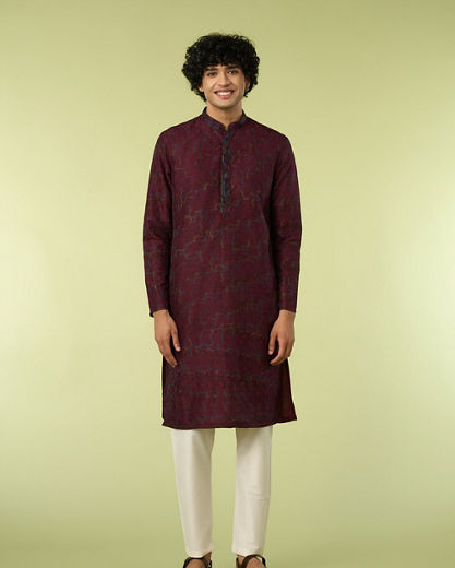 Diwas Men Wine Thread Embroidery Kurta Pajama