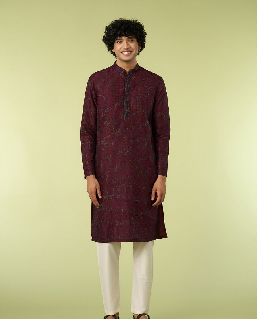 Diwas Men Wine Thread Embroidery Kurta Pajama