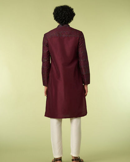 Diwas Men Wine Thread Embroidery Kurta Pajama