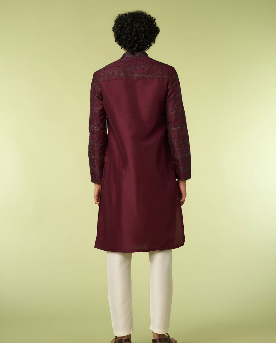 Diwas Men Wine Thread Embroidery Kurta Pajama