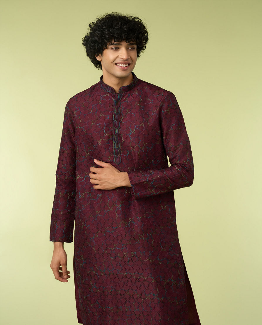 Diwas Men Wine Thread Embroidery Kurta Pajama