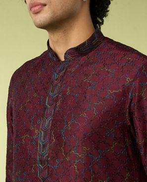 Diwas Men Wine Thread Embroidery Kurta Pajama