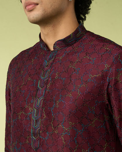 Diwas Men Wine Thread Embroidery Kurta Pajama