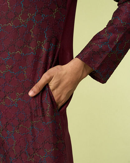 Diwas Men Wine Thread Embroidery Kurta Pajama