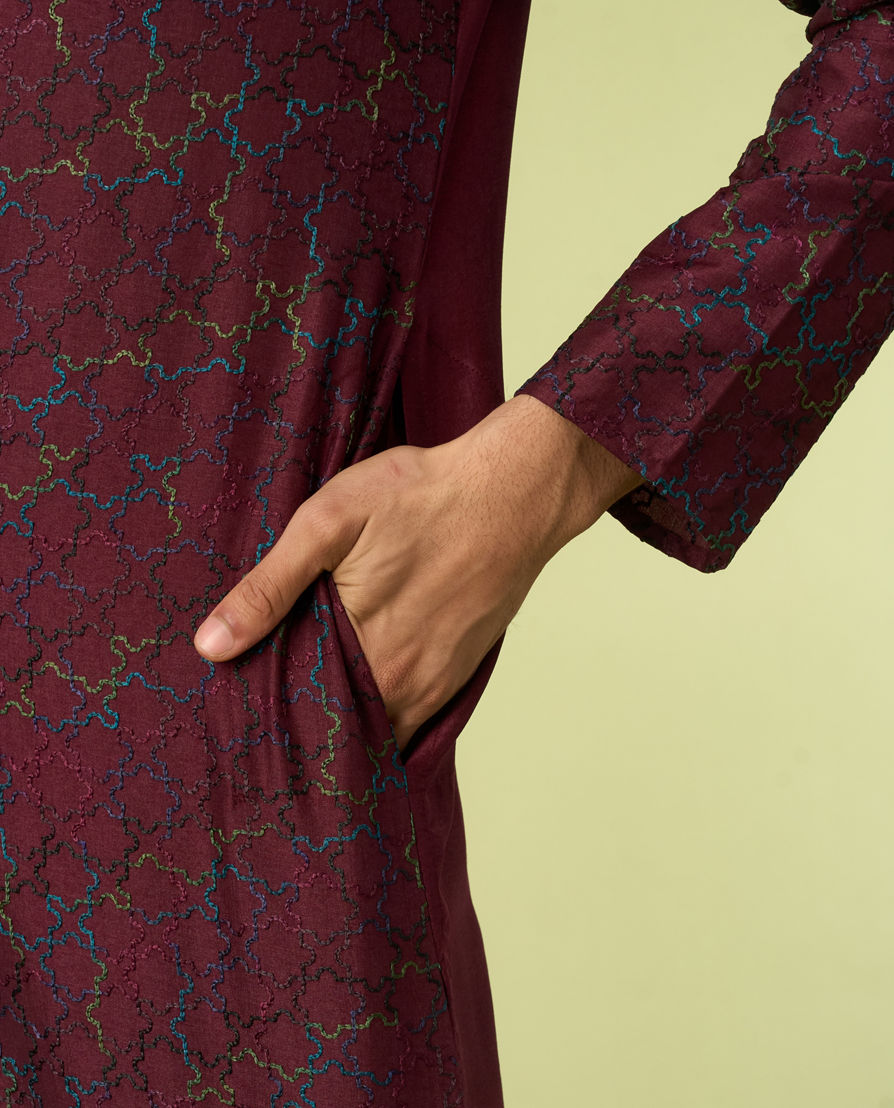Diwas Men Wine Thread Embroidery Kurta Pajama