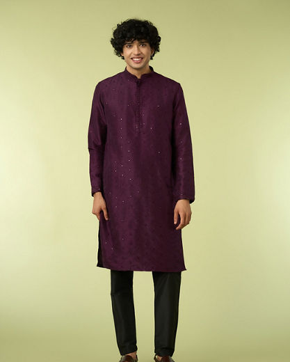 Diwas Men Purple Art Silk Kurta Pajama with Mirror Work