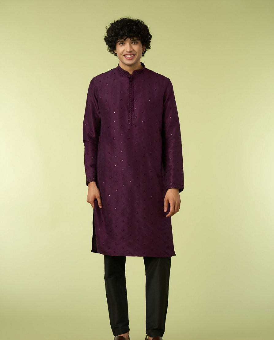 Diwas Men Purple Art Silk Kurta Pajama with Mirror Work