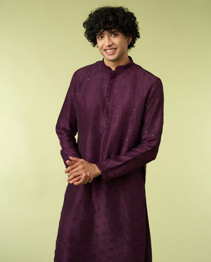 Diwas Men Purple Art Silk Kurta Pajama with Mirror Work