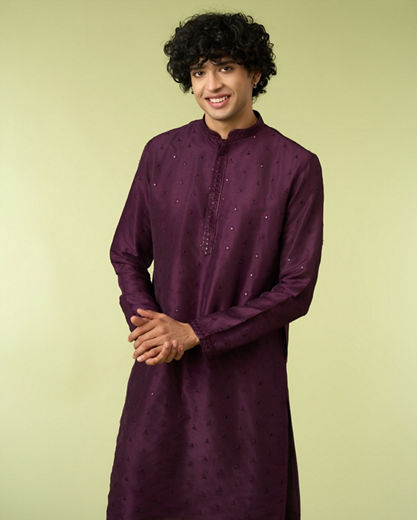 Diwas Men Purple Art Silk Kurta Pajama with Mirror Work